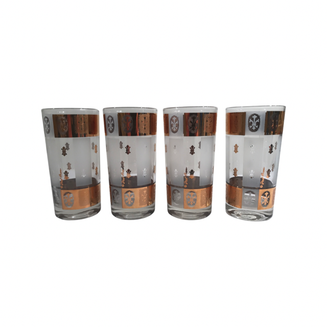 Fred Press Signed Mid-Century Fleur De Lis Highball Glasses (Set of 4)