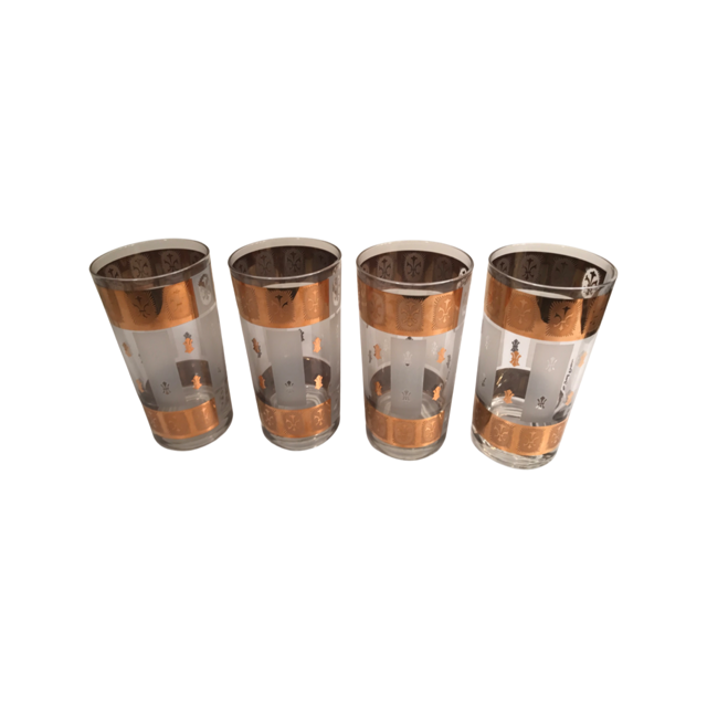 Fred Press Signed Mid-Century Fleur De Lis Highball Glasses (Set of 4)