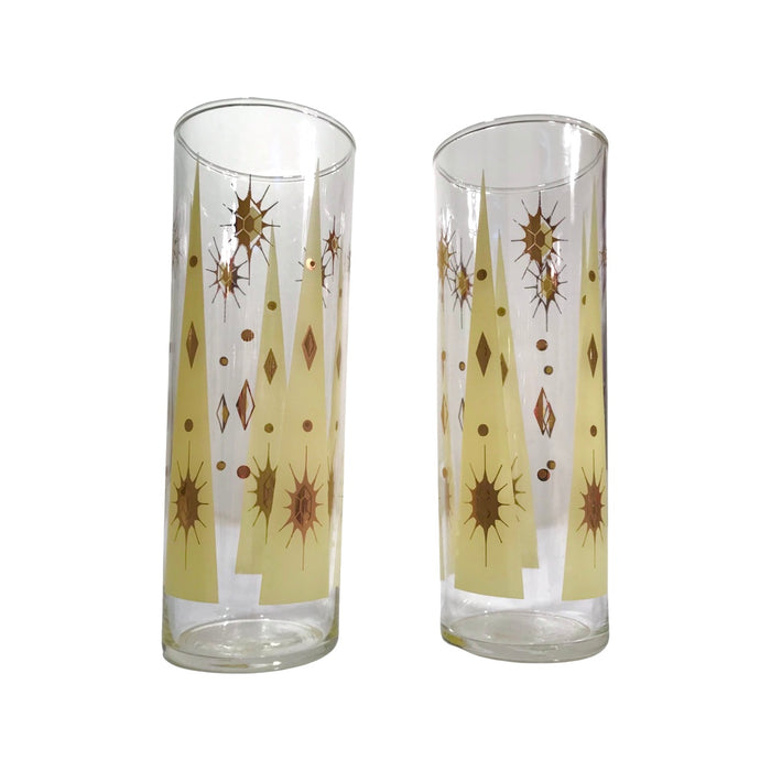 Fred Press Signed Mid-Century Yellow Atomic Burst Tall Collins Glasses (Set of 2)