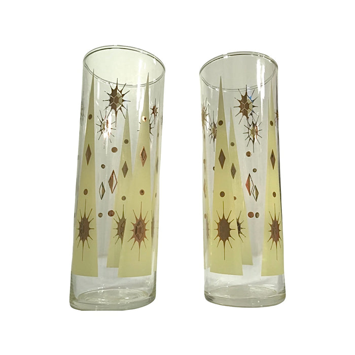 Fred Press Signed Mid-Century Yellow Atomic Burst Tall Collins Glasses (Set of 2)