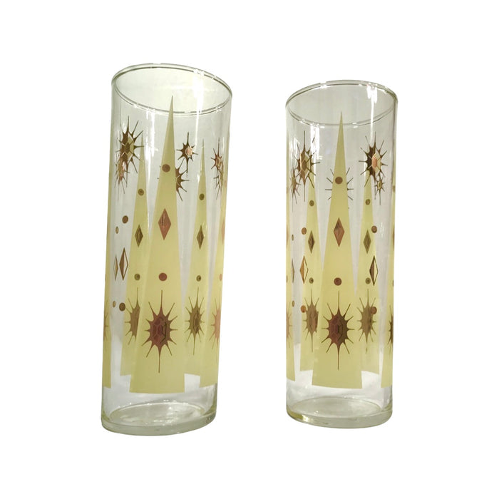 Fred Press Signed Mid-Century Yellow Atomic Burst Tall Collins Glasses (Set of 2)