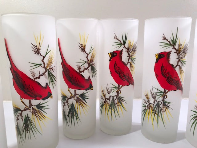Gay Fad Mid-Century Cardinal and Pine Sprig Tall Collins Glasses (Set of 6)