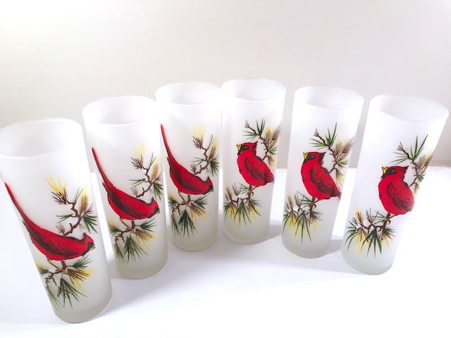 Gay Fad Mid-Century Cardinal and Pine Sprig Tall Collins Glasses (Set of 6)