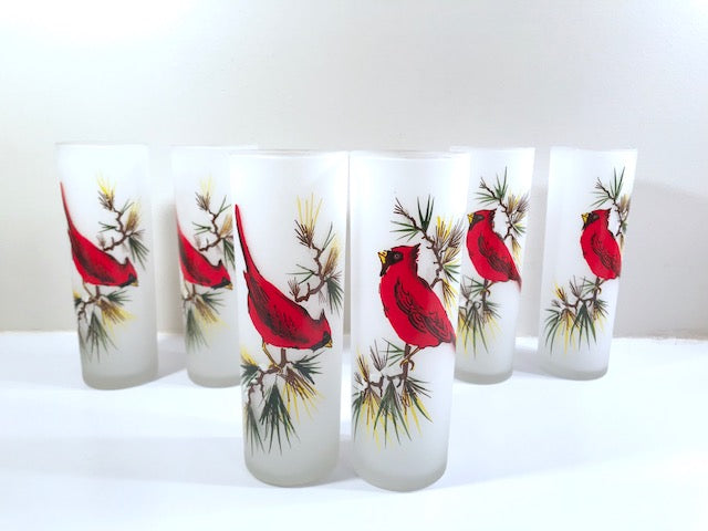 Gay Fad Mid-Century Cardinal and Pine Sprig Tall Collins Glasses (Set of 6)