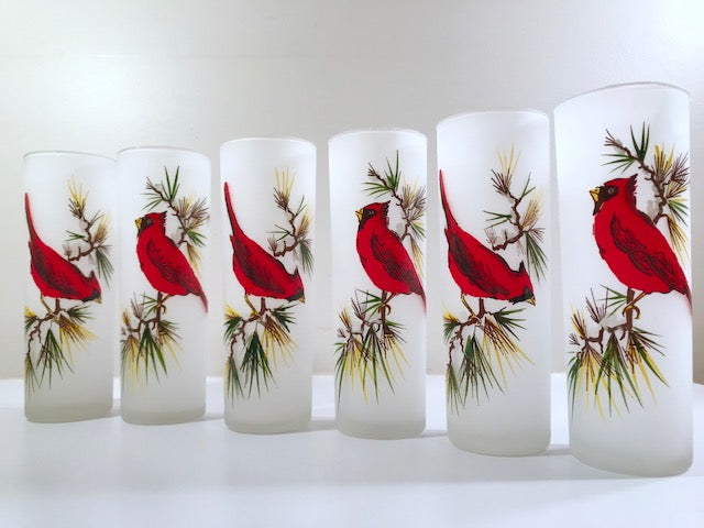 Gay Fad Mid-Century Cardinal and Pine Sprig Tall Collins Glasses (Set of 6)