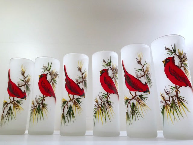 Gay Fad Mid-Century Cardinal and Pine Sprig Tall Collins Glasses (Set of 6)