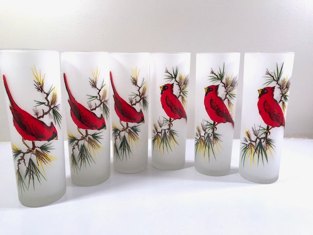 Gay Fad Mid-Century Cardinal and Pine Sprig Tall Collins Glasses (Set of 6)