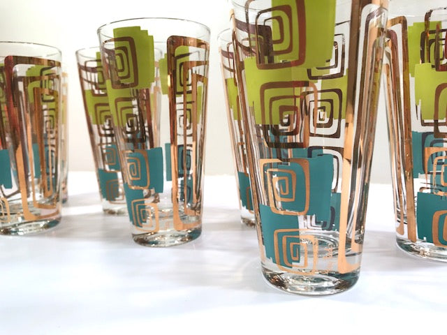 Gay Fad Signed Mid-Century Chartreuse and Aqua Atomic Glasses (Set of 7)