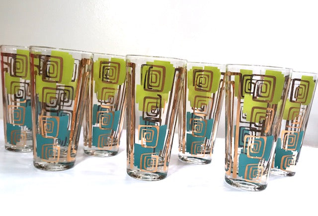 Gay Fad Signed Mid-Century Chartreuse and Aqua Atomic Glasses (Set of 7)