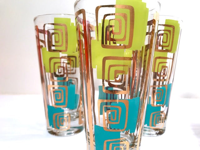 Gay Fad Signed Mid-Century Chartreuse and Aqua Atomic Glasses (Set of 7)