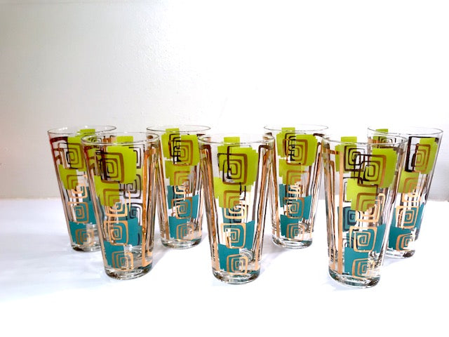 Gay Fad Signed Mid-Century Chartreuse and Aqua Atomic Glasses (Set of 7)