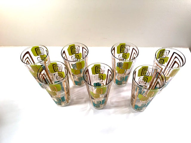 Gay Fad Signed Mid-Century Chartreuse and Aqua Atomic Glasses (Set of 7)