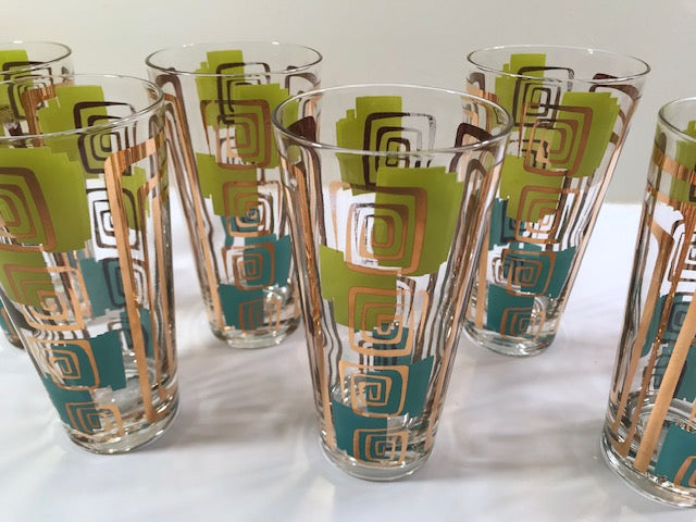 Gay Fad Signed Mid-Century Chartreuse and Aqua Atomic Glasses (Set of 7)