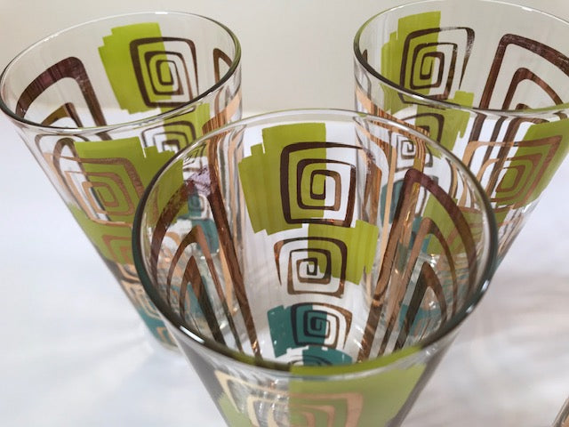 Gay Fad Signed Mid-Century Chartreuse and Aqua Atomic Glasses (Set of 7)