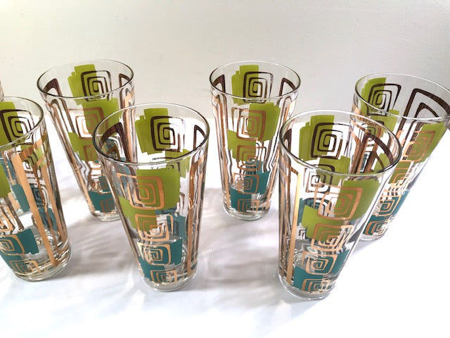 Gay Fad Signed Mid-Century Chartreuse and Aqua Atomic Glasses (Set of 7)