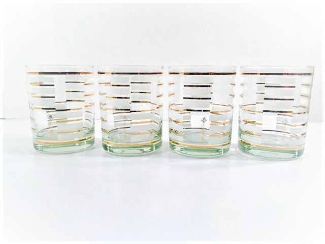 Georges Briard Signed Gold and White Geometric Double Old Fashion Glasses (Set of 2)