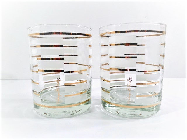 Georges Briard Signed Gold and White Geometric Double Old Fashion Glasses (Set of 2)