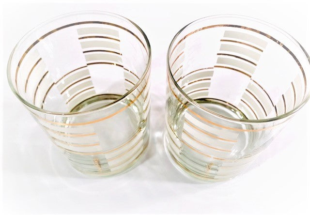 Georges Briard Signed Gold and White Geometric Double Old Fashion Glasses (Set of 2)