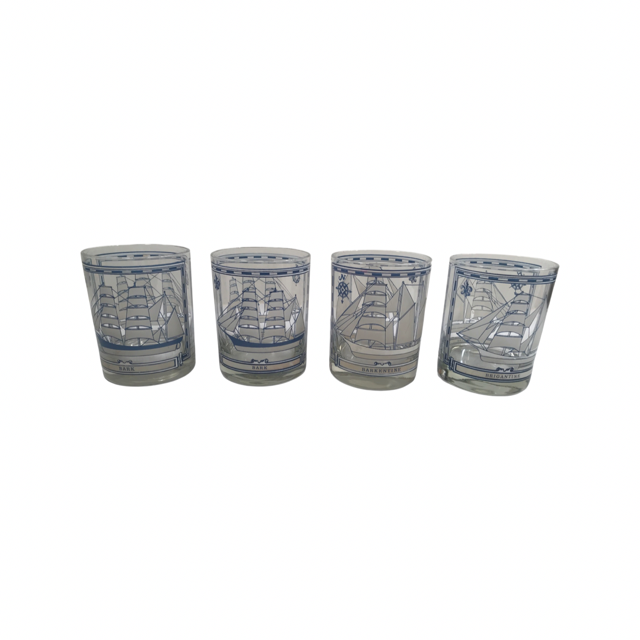 Georges Briard Signed Mid-Century Blue and White Ships Double Old Fashion Glasses (Set of 4)