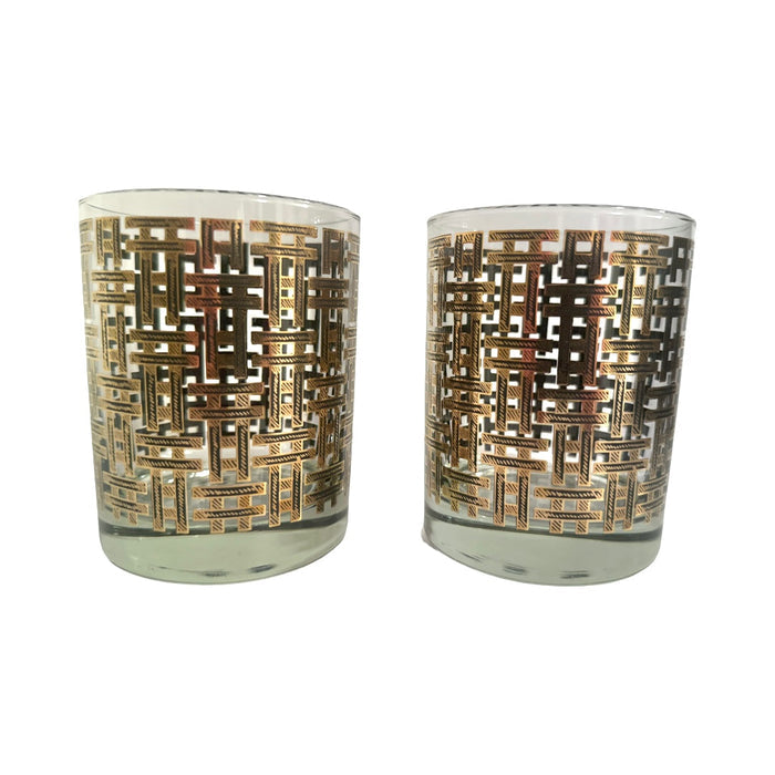 Georges Briard Signed Mid-Century Gold and Black Crisscross Double Old Fashion Glasses (Set of 2)