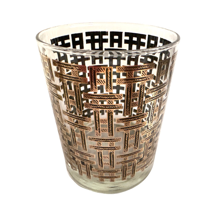Georges Briard Signed Mid-Century Gold and Black Crisscross Double Old Fashion Glasses (Set of 2)
