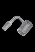 Frosted glass cannabis dab rig nail with intricate swirling patterns and a floral design.