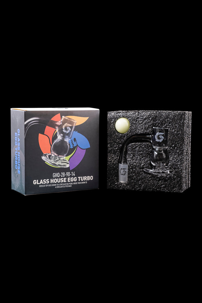 Product shot of a “Glass House Egg Turbo” water pipe in its packaging and displayed within a foam-lined box.