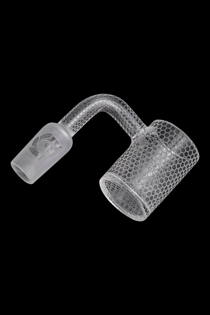 Frosted glass dab rig nail with honeycomb pattern and etched logo.