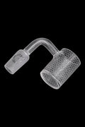 Frosted glass dab rig nail with honeycomb pattern and etched logo.