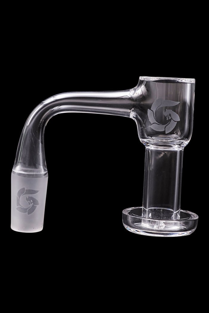 Clear glass dab rig with etched logo.