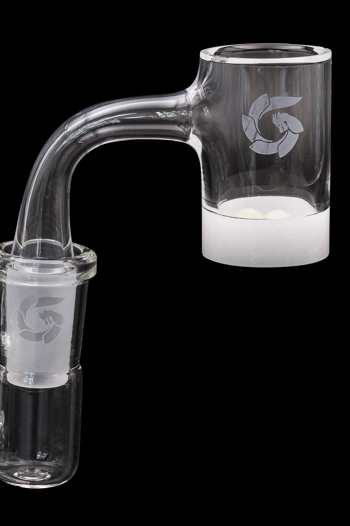 Clear glass dab rig attachment with a frosted white base and etched logo.
