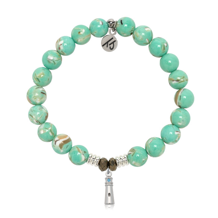 Light Green Shell Gemstone Bracelet with Lighthouse Sterling Silver Charm