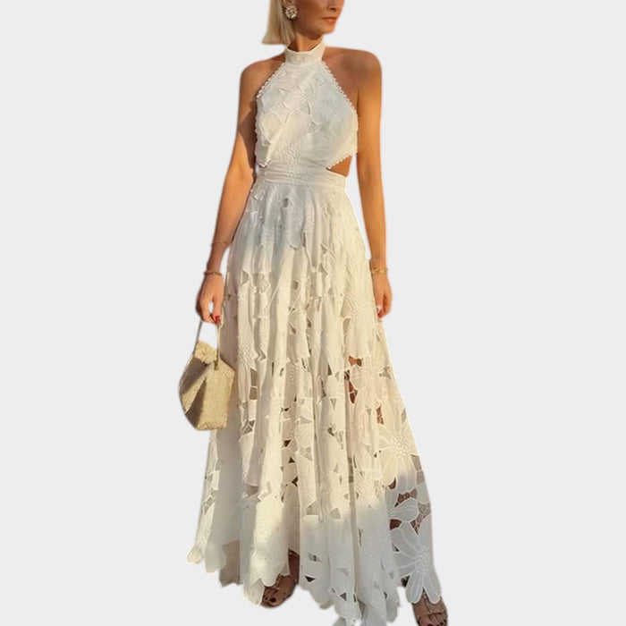 Halter Neck Floral Lace Maxi Dress