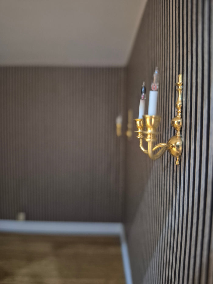 Handmade Living Room RoomBox with Wall Sconces and Striped Wallpaper