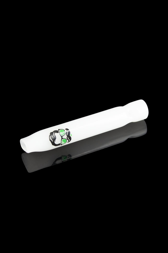White glass blunt with green graphic, studio shot."