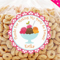 Ice cream sundae birthday sticker with scalloped pink border