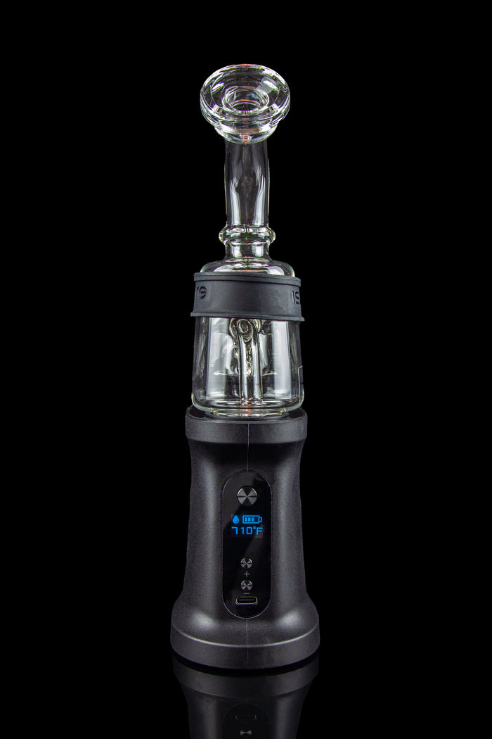 Black cannabis e-rig with a glass water pipe attachment, displaying a temperature of 710°F on its digital screen.