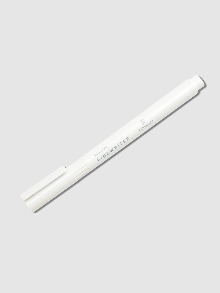Kokuyo Perpanep Finewriter Pen, 0.35 mm, Black, Cloth and Paper. White pen with cap on displayed on a neutral background.
