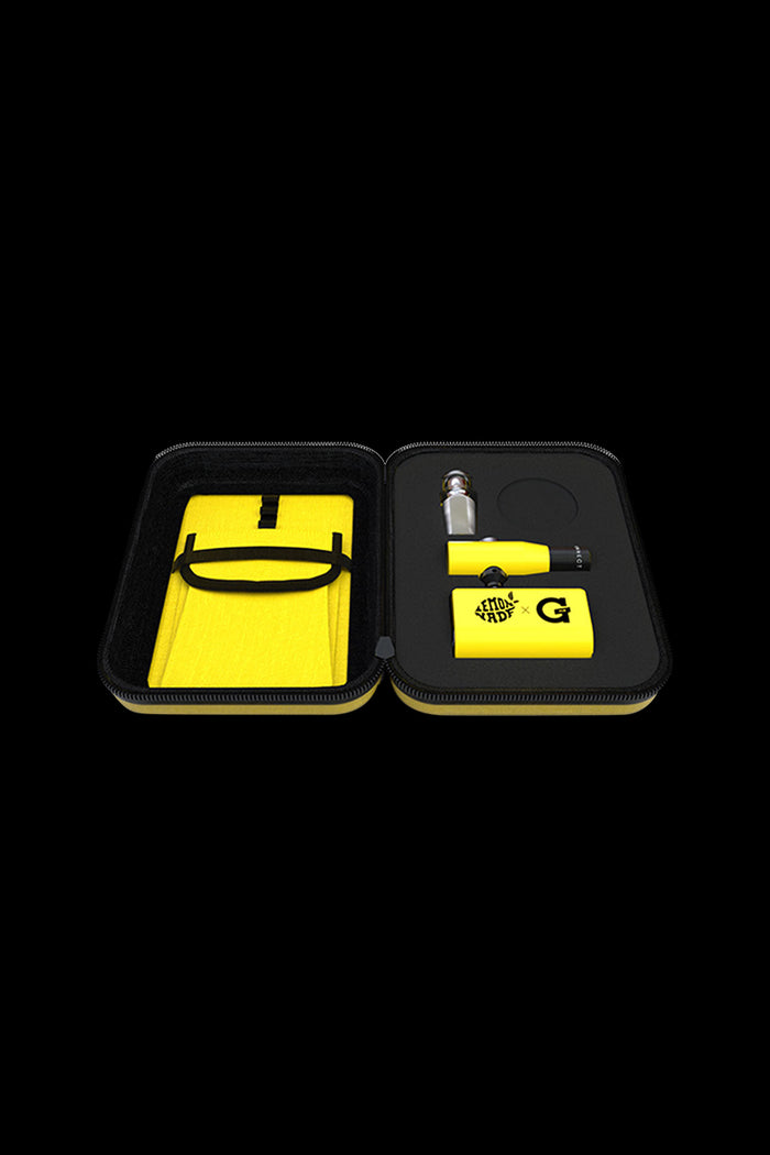 Open view of the Lemonnade x G Pen Connect Concentrate Vaporizer inside its carrying case on a black background.