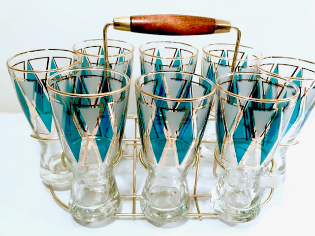 Libbey Mid-Century Emerald Blue and 22-Karat Gold Diamond Pilsner Glasses With Atomic Carrier (Set of 8)