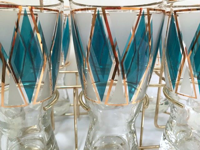 Libbey Mid-Century Emerald Blue and 22-Karat Gold Diamond Pilsner Glasses With Atomic Carrier (Set of 8)