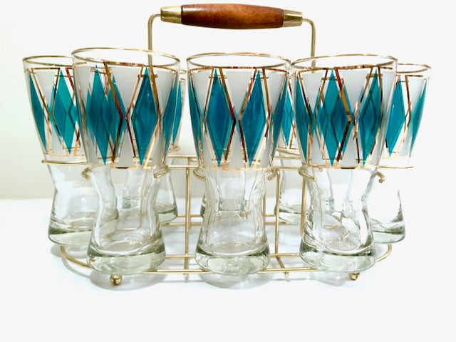 Libbey Mid-Century Emerald Blue and 22-Karat Gold Diamond Pilsner Glasses With Atomic Carrier (Set of 8)