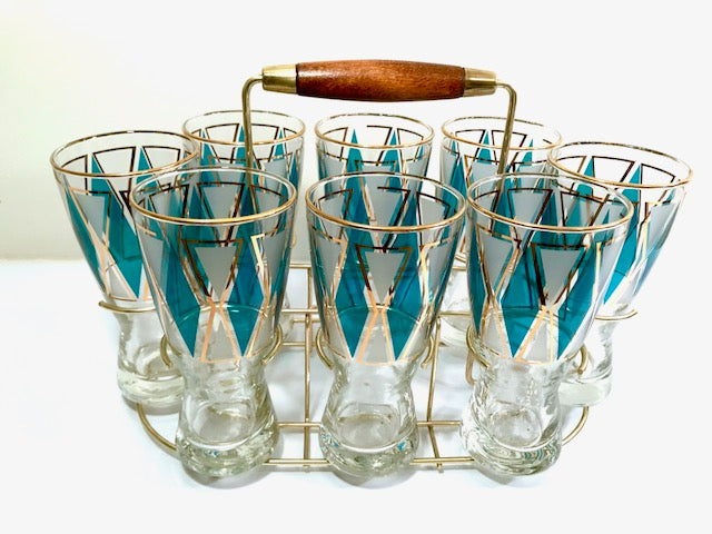 Libbey Mid-Century Emerald Blue and 22-Karat Gold Diamond Pilsner Glasses With Atomic Carrier (Set of 8)