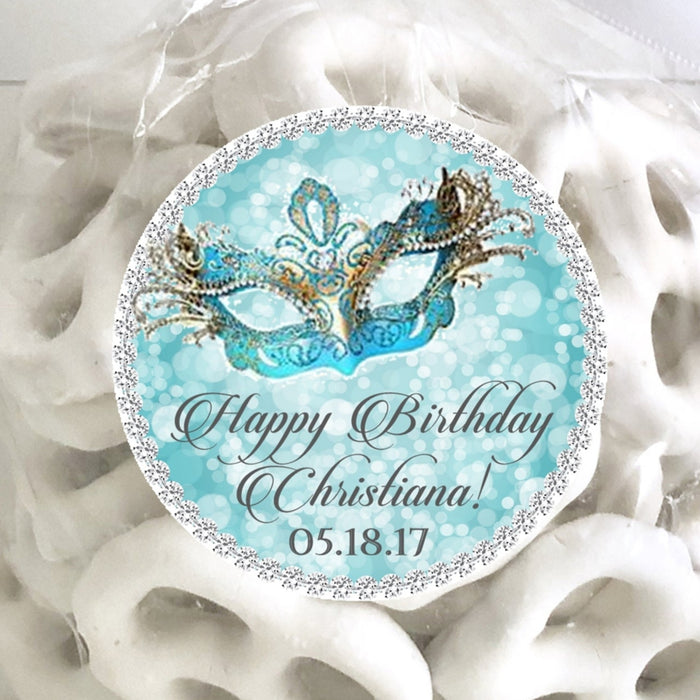 Turquoise and gold masquerade birthday sticker with printed glitter border
