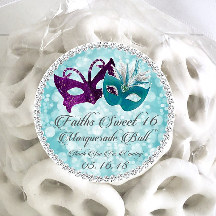 Turquoise and purple masquerade Sweet 16 sticker with printed glitter border