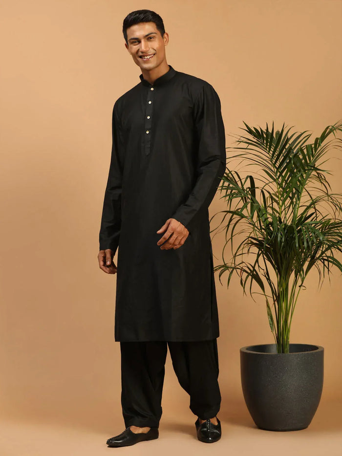 Men's Black Viscose Kurta With Patiala Set