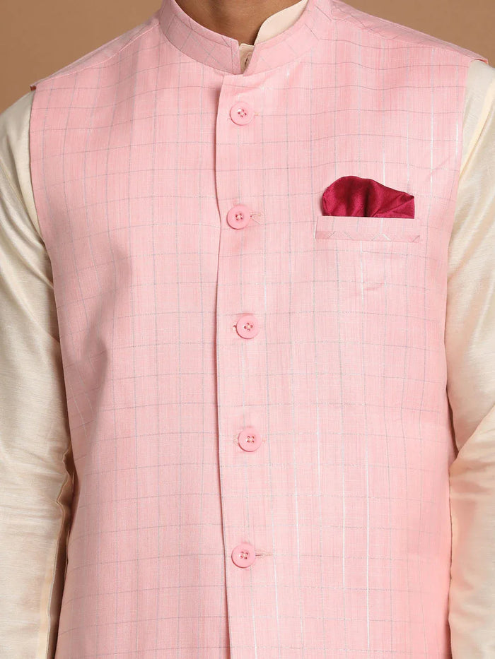 Men's Cream Cotton Kurta, Checkered Royal Linen Nehru Jacket And Pyjama Set