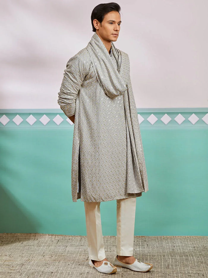 Men's Grey Chikankari Rayon Kurta with Cream Pyjama & Grey Embroidered Dupatta