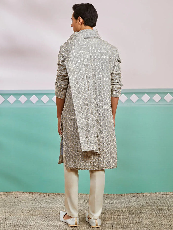 Men's Grey Chikankari Rayon Kurta with Cream Pyjama & Grey Embroidered Dupatta