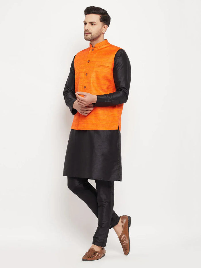 Men's Orange Matka Silk Nehru Jacket With Black Silk Blend Kurta And Pant Style Pyjama Set